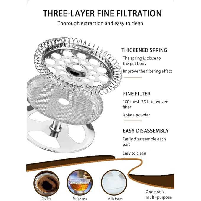 ريتش لايف ماكينة تحضير قهوة فرنسية أنيقة باللون الأسود، سعة 1 لتر، مقاومة للحرارة، مع مكبس من الفولاذ المقاوم للصدأ - Image 4