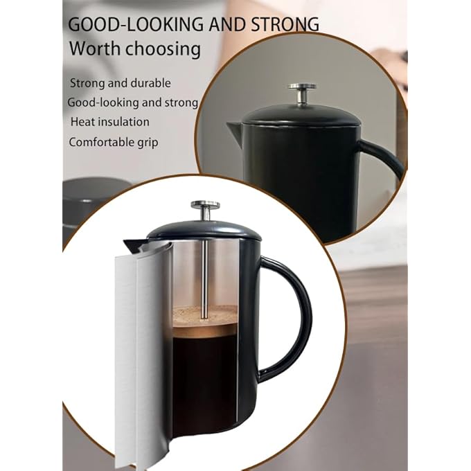 ريتش لايف ماكينة تحضير قهوة فرنسية أنيقة باللون الأسود، سعة 1 لتر، مقاومة للحرارة، مع مكبس من الفولاذ المقاوم للصدأ - Image 3