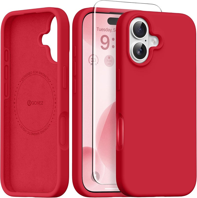 GONEZ Magnetic for iPhone 16 Case, Compatible with MagSafe, [Screen Protector + Camera Lens Protector], Liquid Silicone Shockproof Protective Phone Case for iPhone 16 6.1", Red - Image 1