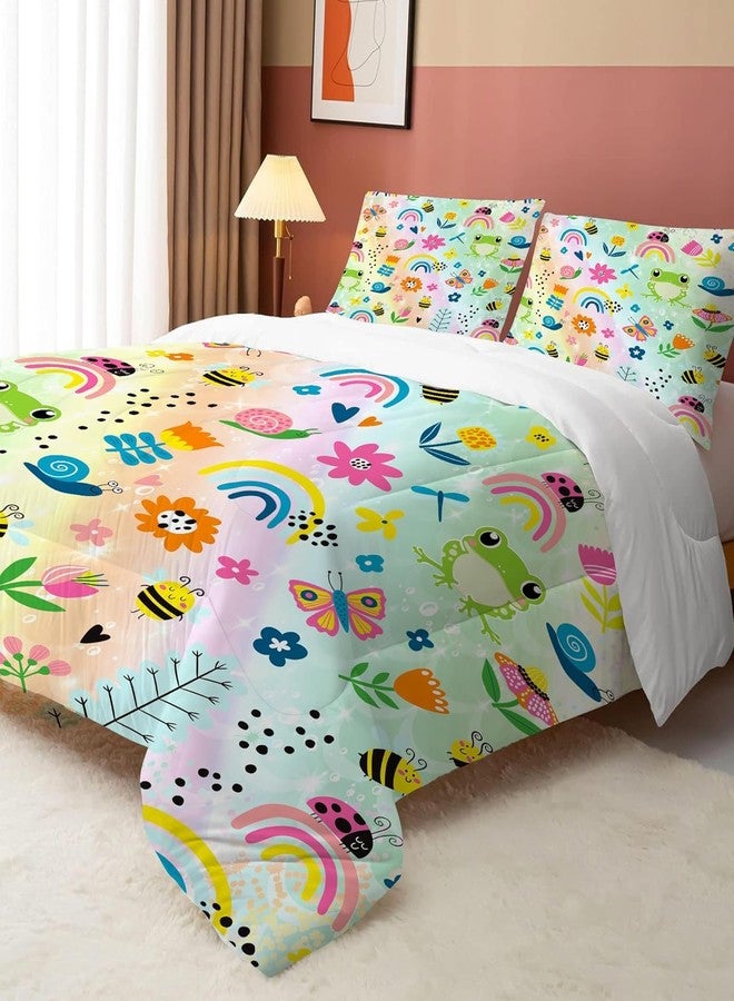 FUYEUN Rainbow Comforter Sets Twin Size Cartoon Floral Frogs Bedding Set for Girls Kids Children Boys Butterfly Flowers Bees Insects Cute Kawaii Quilt 1 Comforter + 1 Pillow Case - Image 3