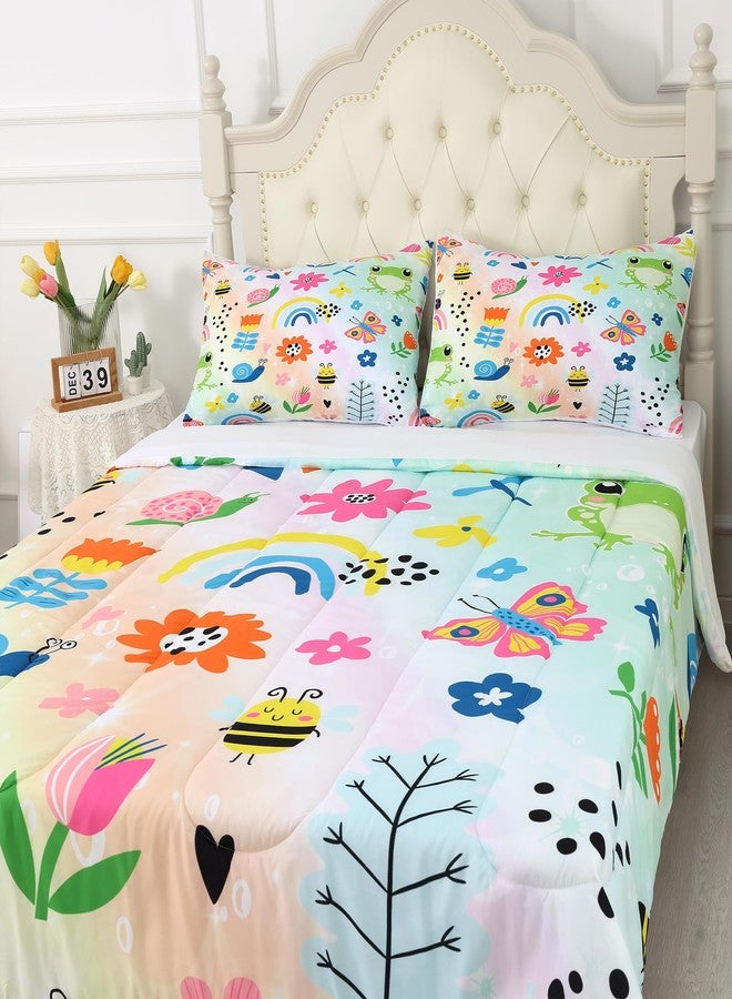 FUYEUN Rainbow Comforter Sets Twin Size Cartoon Floral Frogs Bedding Set for Girls Kids Children Boys Butterfly Flowers Bees Insects Cute Kawaii Quilt 1 Comforter + 1 Pillow Case - Image 4