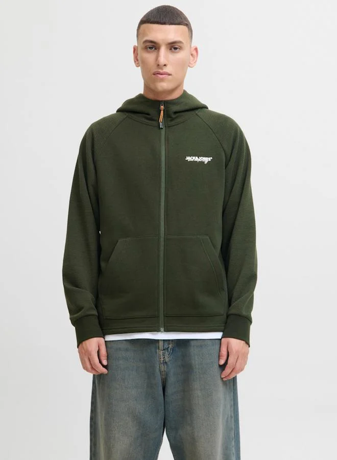 JACK & JONES Olive Zip-Up Raglan Sleeves Hoodie