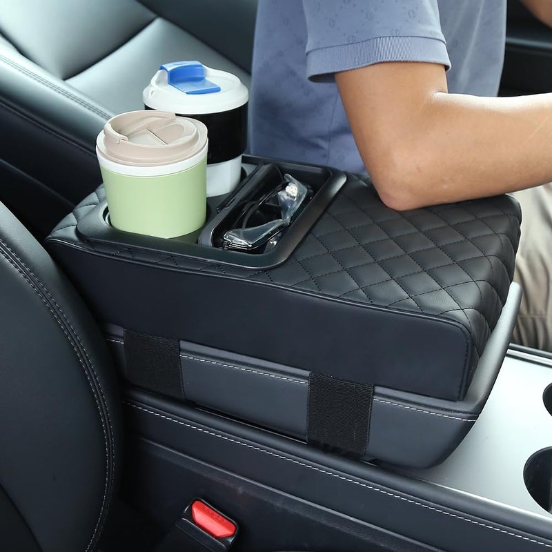 Car Armrest Cushion Multifunctional Faux Leather Armrest Cushion with Cup Holder Phone Storage and Ergonomic Design for All Seasons Black
