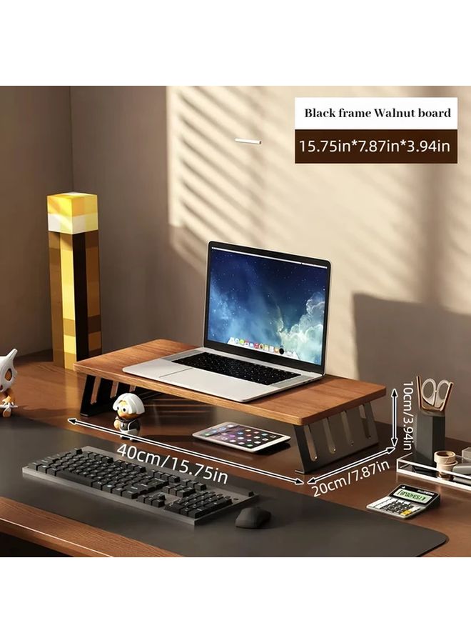 Ergonomic Wood Monitor Stand Riser Black Frame Walnut Board 40cm Double Screen Desk Shelf - Image 1