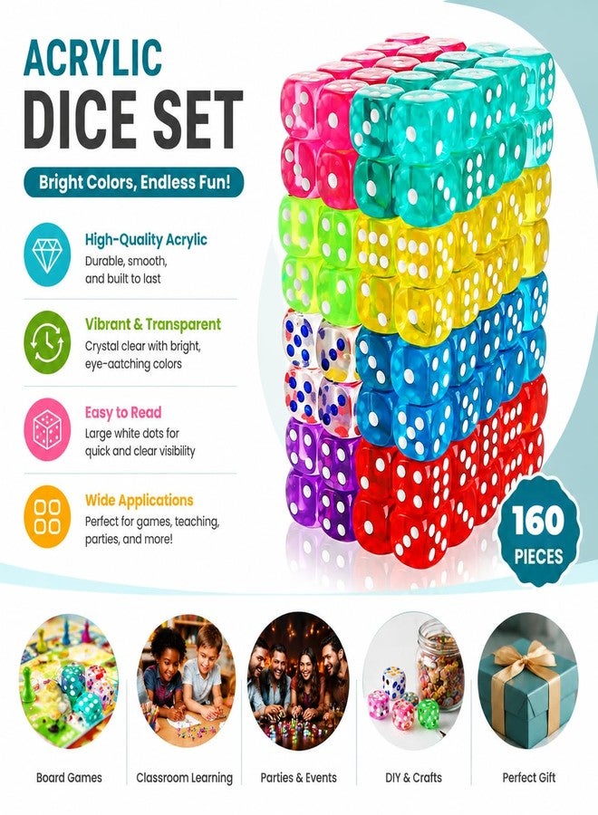 Noamus 160 Pieces 6 Sided Game Dice, 16MM Translucent Acrylic Dice Set, Premium Vintage Colored Dices, Rounded Corners Bulk Dice for Table Games, RPG, Math Learning, 8 Colors - Image 5