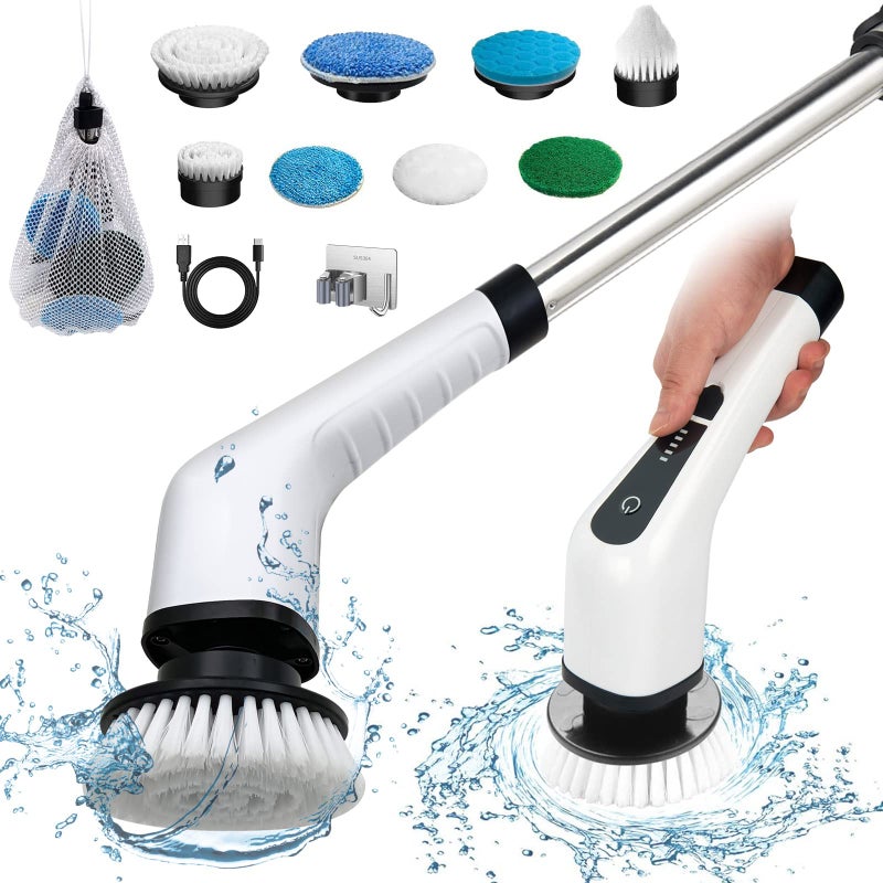 Electric Spin Scrubber Cordless Bath Tub Power Scrubber with 8 Replaceable Drill Brush Heads Shower Cleaning Brush with Adjustable Handle for Bathroom Tile Floor Car White ANS8050