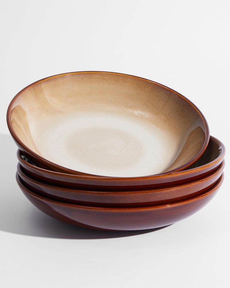 Pokini Ceramic 32 Oz Pasta Bowls 875 Inch Reactive Glaze Pasta Bowl Set of 4 Microwave  Dishwasher Safe Large Wide Serving Bowls for Salad Dessert Soup Fruit Brown and Yellow - Image 1