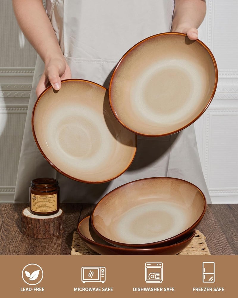 Pokini Ceramic 32 Oz Pasta Bowls 875 Inch Reactive Glaze Pasta Bowl Set of 4 Microwave  Dishwasher Safe Large Wide Serving Bowls for Salad Dessert Soup Fruit Brown and Yellow - Image 5