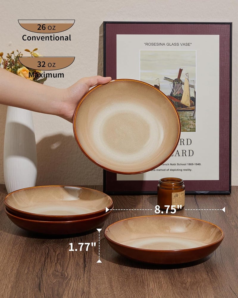Pokini Ceramic 32 Oz Pasta Bowls 875 Inch Reactive Glaze Pasta Bowl Set of 4 Microwave  Dishwasher Safe Large Wide Serving Bowls for Salad Dessert Soup Fruit Brown and Yellow - Image 2