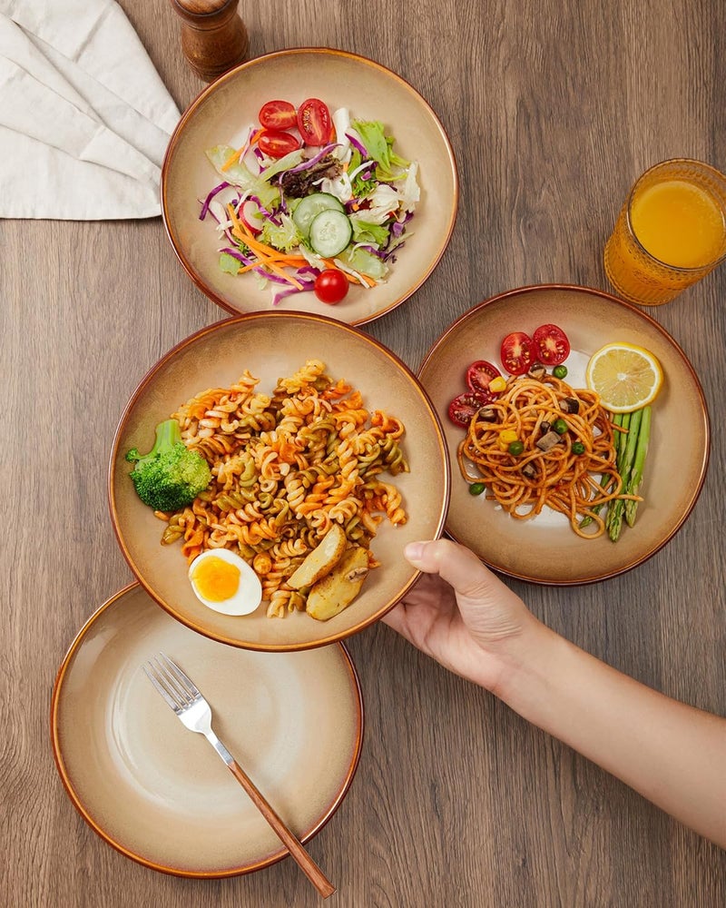 Pokini Ceramic 32 Oz Pasta Bowls 875 Inch Reactive Glaze Pasta Bowl Set of 4 Microwave  Dishwasher Safe Large Wide Serving Bowls for Salad Dessert Soup Fruit Brown and Yellow - Image 3