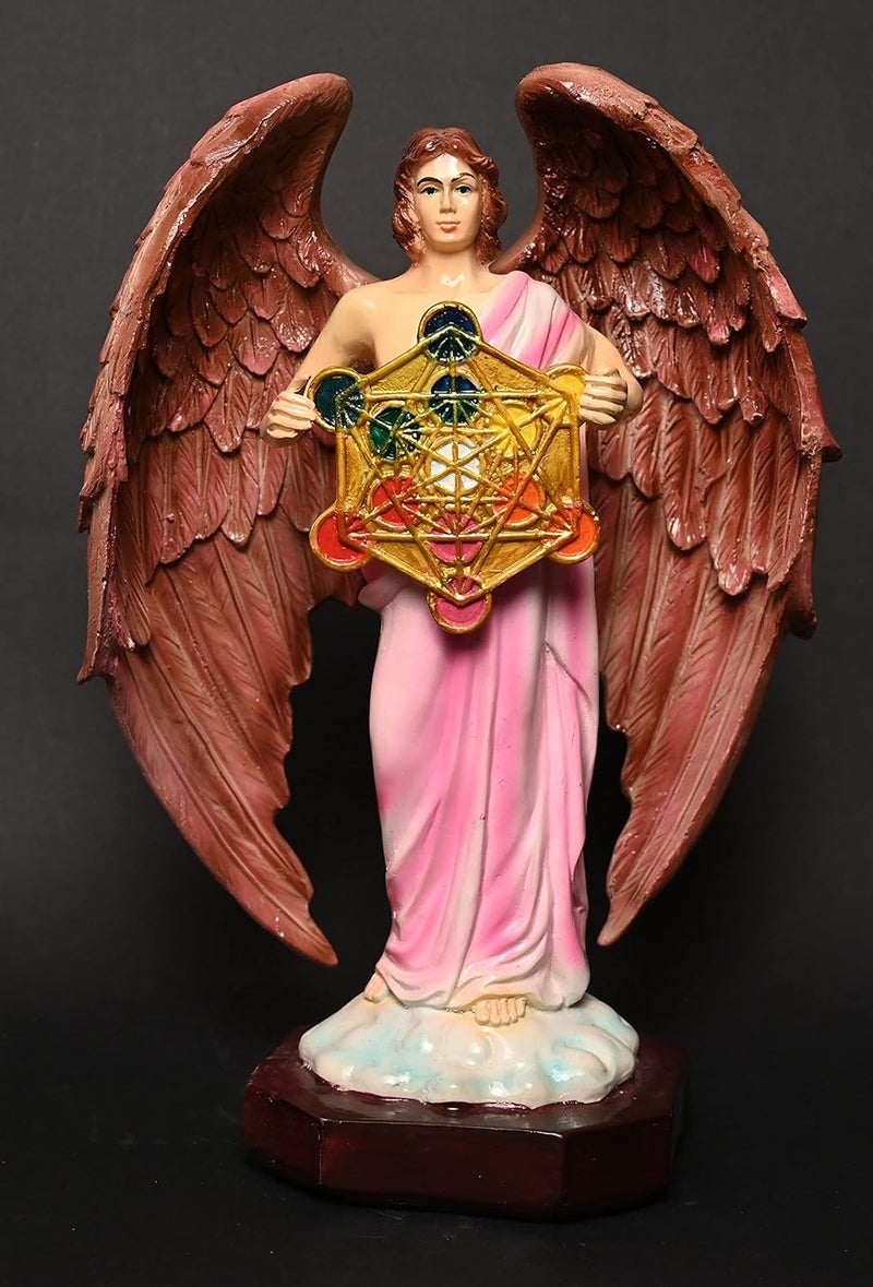 KariGhar Archangel Judaism Metatron Statue Idol Perfect Reiki Healing Angel Holding Sacred Flower of Life Geometric Cube Statue Muiltcolor 9 x 10 x 26 CM Resin Idol - Image 2