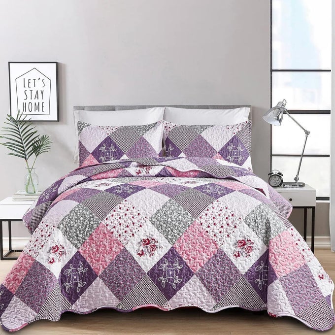 PURPLE QUILT SET QUEEN SIZE REVERSIBLE FLORAL PLAID PATCHWORK PATTERN BEDDING SET SOFT MICROFIBER LIGHTWEIGHT BEDSPREAD COVERLET 3 PIECE SPRING SUMMER USE 90X90 INCHES