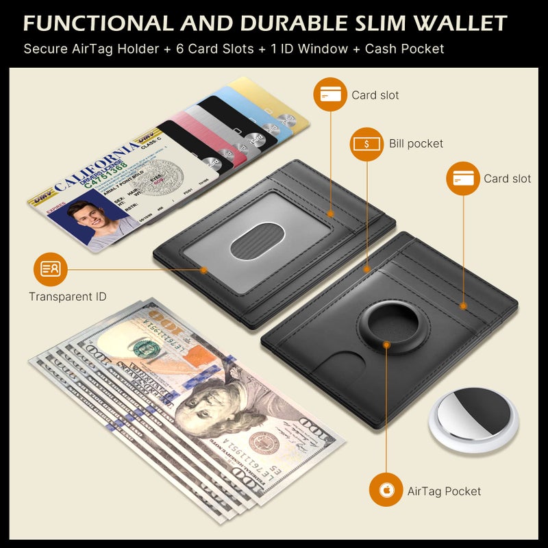 typecase Slim Minimalist Airtag Card Wallet for Men, Front Pocket Premium Crazy Horse Leather Wallet with Airtag Holder, RFID Blocking Cash Credit Card Wallet Compatible with AirTag (Black) - Image 2