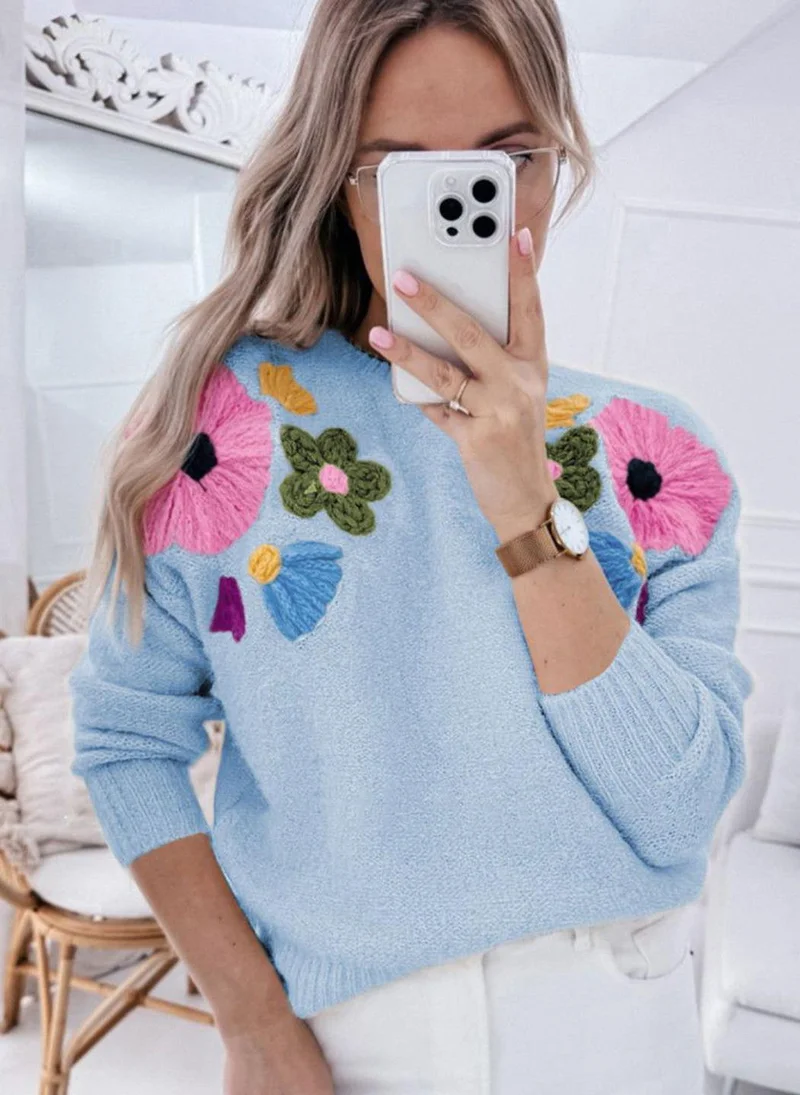 YUNIQEE Blue  Floral Printed Round Neck Long Sleeves Pullover