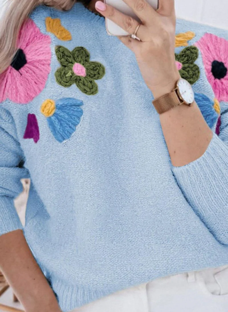 YUNIQEE Blue  Floral Printed Round Neck Long Sleeves Pullover