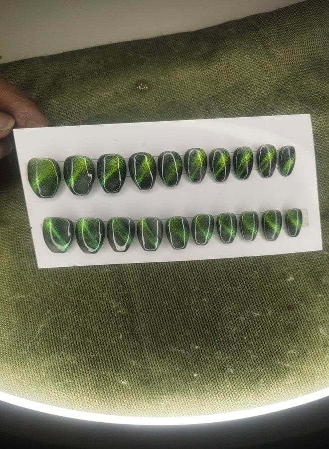 Sparkling Nailon Designer Cat Eye Green Press On Nails for Women | Reusable Artificial Nail Extensions | Stick On Nail Tips | Long Lasting Fake Nails | Easy Apply Manicure Kit | Pack of 14 (Coffin) - Image 4