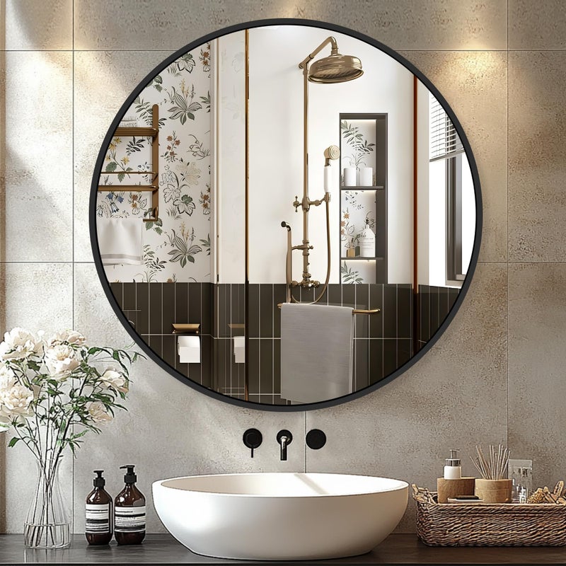 Delma 22 Inch Black Round Circle Mirror for Wall,Modern Bathroom Mirrors with Simple Metal Frame, Entryway, Bedroom Vanity, Living Room, Hallway Decor (Matte Black, Wall Mounted) - Image 1