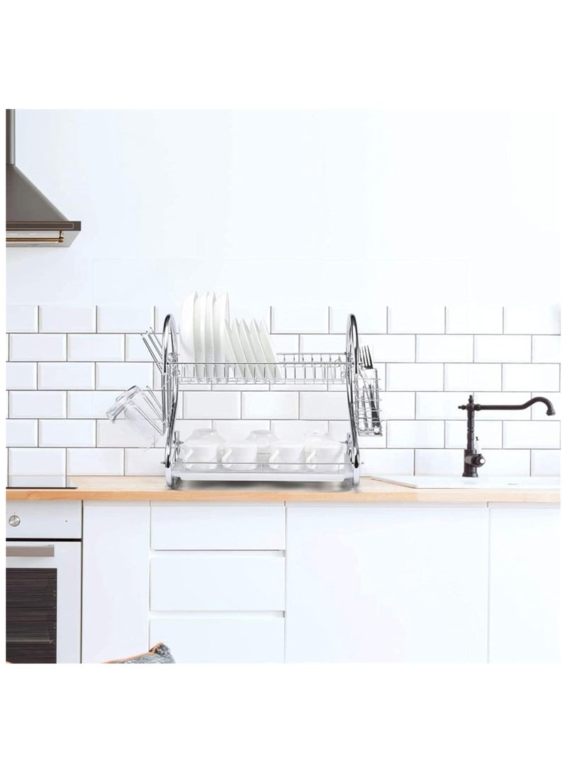 سکیلو رف تجفيف أطباق المطبخ - مصفاة أطباق من الحديد المطلي بالكروم مع حامل أدوات - رف أطباق متعدد الاستخدامات موفر للمساحة للتجفيف والتخزين - Image 4