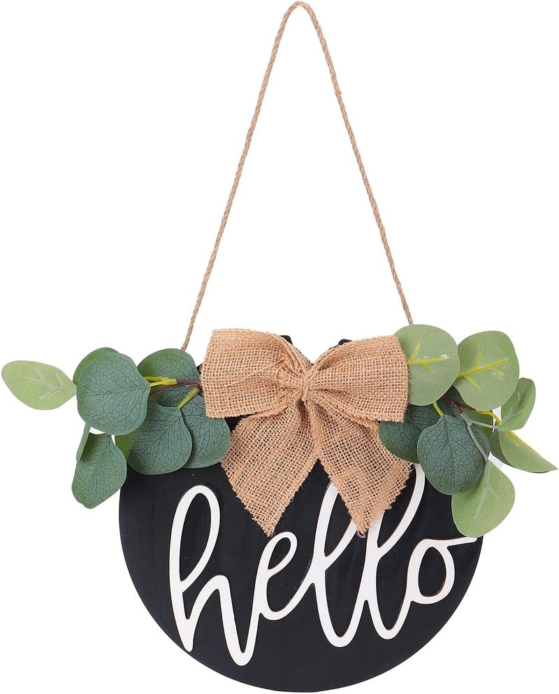 Rustic Wooden Door Decor Hello Sign, Outdoor Hanging Home Decoration, Burlap Bow with Braided Rope for Porch Farmhouse Entryway, Welcome Wall Art for Housewarming Gift - Image 1
