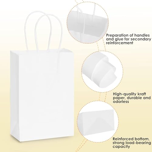 Aakriti Kraft Paper Gift Bags With Handles - White Small Retail, Shopping, Birthday, Wedding Party Favor, Merchandise Bags | Size: 7x3.5x8.5 Inch (Pack of 100) - Image 3