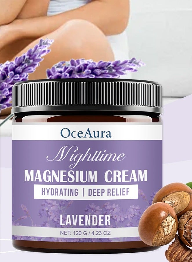 OceAura Nighttime Magnesium Cream Hydrating I Deep Relief Lavender ,Magnesium Cream 120G, Organic Magnesium Cream for Legs Arms Chest Neck Wrist Thigh, 100% Natural Magnesiums Cream for Soothing & Relaxation, Skin Moisturizer & Hydratin - Image 1