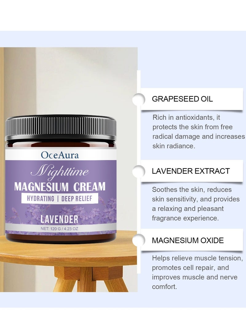 OceAura Nighttime Magnesium Cream Hydrating I Deep Relief Lavender ,Magnesium Cream 120G, Organic Magnesium Cream for Legs Arms Chest Neck Wrist Thigh, 100% Natural Magnesiums Cream for Soothing & Relaxation, Skin Moisturizer & Hydratin - Image 2