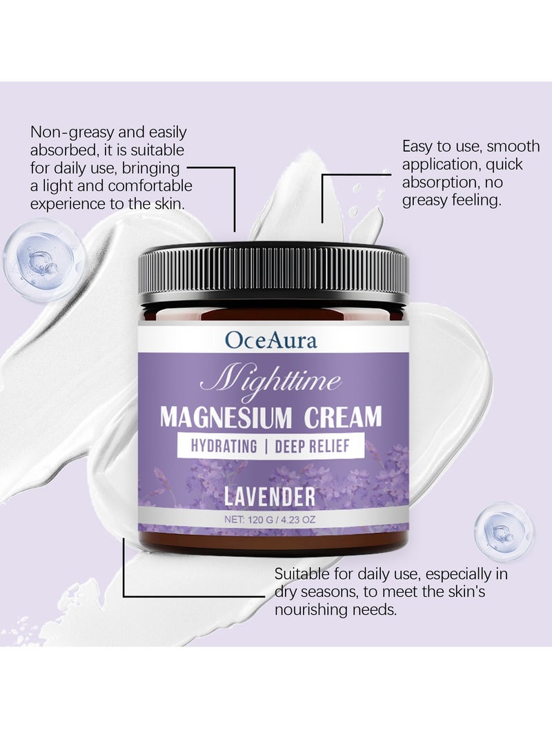 OceAura Nighttime Magnesium Cream Hydrating I Deep Relief Lavender ,Magnesium Cream 120G, Organic Magnesium Cream for Legs Arms Chest Neck Wrist Thigh, 100% Natural Magnesiums Cream for Soothing & Relaxation, Skin Moisturizer & Hydratin - Image 4