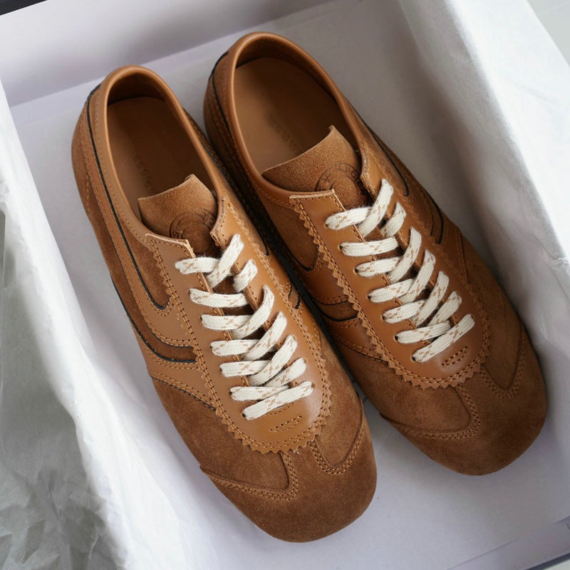 Channel Goods! Niche Genuine Leather Couple Sneakers Flats Soles Savi Retro Moral Training Shoes Heelys White Shoes Trbottomy - Image 4