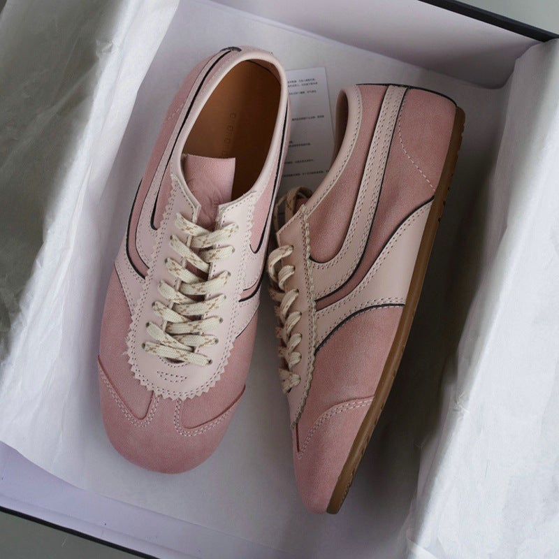 Channel Goods! Niche Genuine Leather Couple Sneakers Flats Soles Savi Retro Moral Training Shoes Heelys White Shoes Trbottomy - Image 3