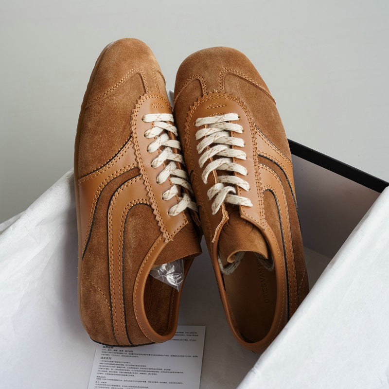 Channel Goods! Niche Genuine Leather Couple Sneakers Flats Soles Savi Retro Moral Training Shoes Heelys White Shoes Trbottomy - Image 1