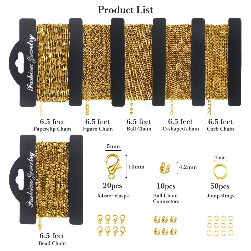 Ecoofor 18k Gold Necklace Chains for Jewelry Making, 39.3 Feet 6 Rolls Bracelet Chains for DIY,6.5Feet Each Style, Gold Chain with Jump Rings/Lobster Clasps/Connectors - Image 4