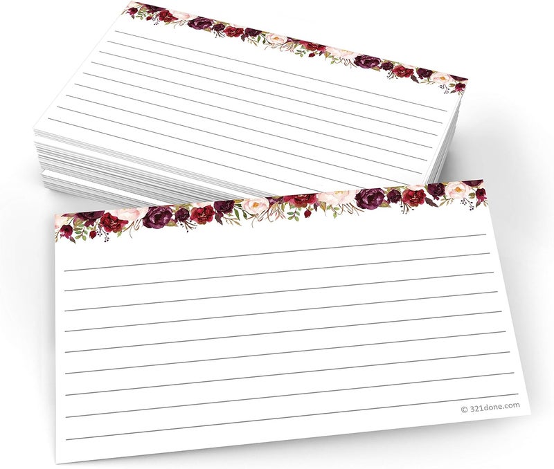321Done Floral Ruled Index Cards - Made in USA – Small 3x5 (Set of 50), Narrow-Ruled Lined Notecards Double-Sided, Thick Heavy Duty Cardstock, Cute Pretty Flowers Red Roses on White Note Cards Lines - Image 1