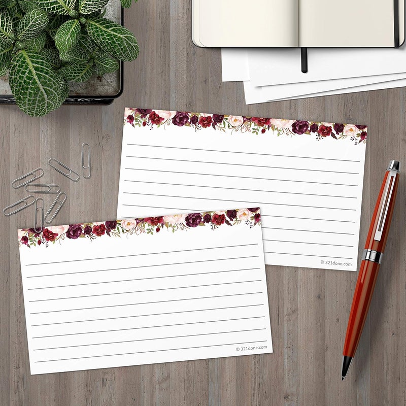 321Done Floral Ruled Index Cards - Made in USA – Small 3x5 (Set of 50), Narrow-Ruled Lined Notecards Double-Sided, Thick Heavy Duty Cardstock, Cute Pretty Flowers Red Roses on White Note Cards Lines - Image 3