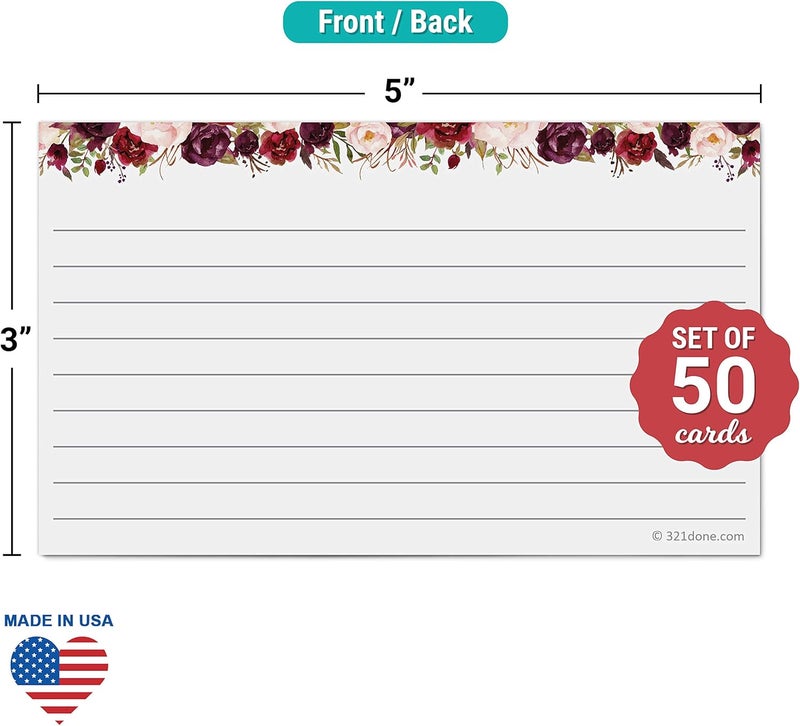 321Done Floral Ruled Index Cards - Made in USA – Small 3x5 (Set of 50), Narrow-Ruled Lined Notecards Double-Sided, Thick Heavy Duty Cardstock, Cute Pretty Flowers Red Roses on White Note Cards Lines - Image 2