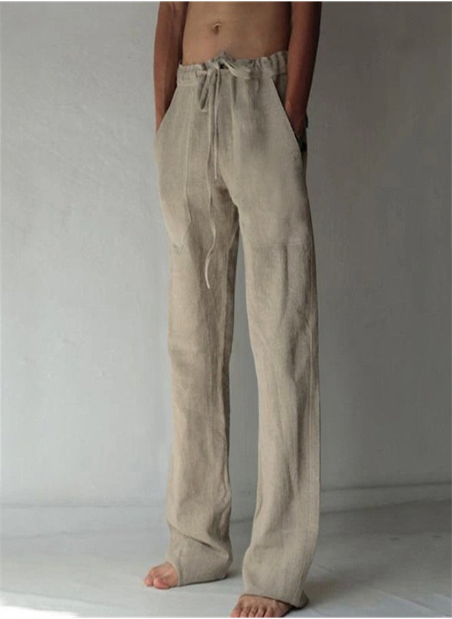 Loquat - Casual Solid Color Thin Linen Pants Beige - Image 1
