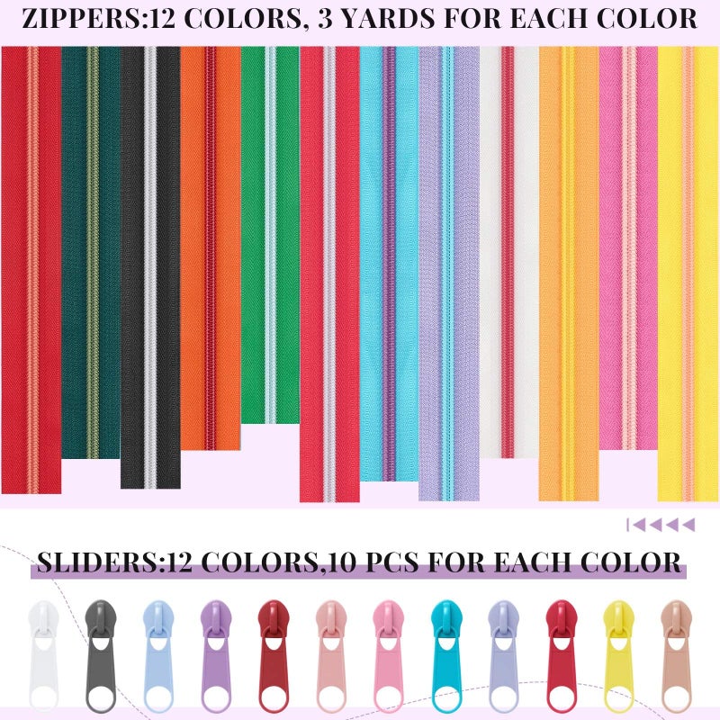 Solsew 12 Pcs 36 Yards Colourful Zippers for Sewing #5 Nylon Contrasting Colors Assorted Zipper by The Yard with 120 Sliders for Women Men DIY Tailor Bag Garment Crafts Supplies (Bright Color) - Image 4