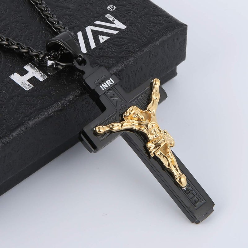 HZMAN Catholic Jesus Christ on INRI Cross Crucifix Gold Silver Tone stainless steel Pendant Necklace 22+2 Chain - Image 3