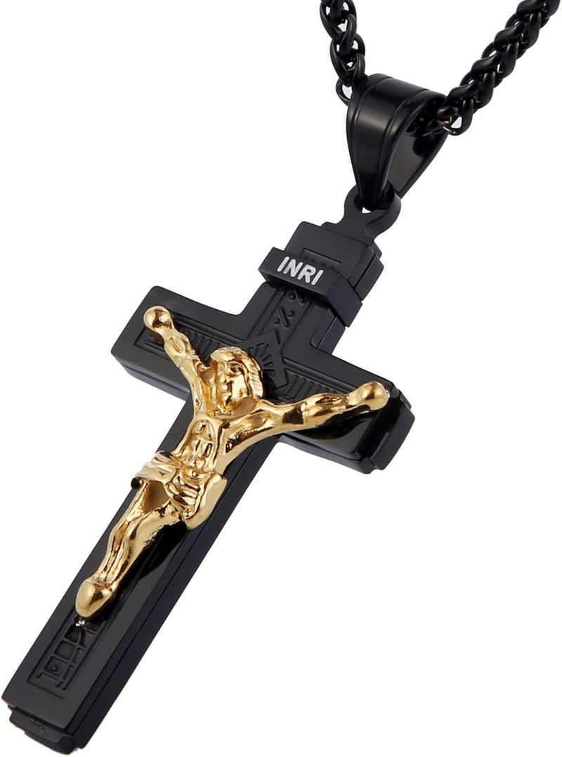 HZMAN Catholic Jesus Christ on INRI Cross Crucifix Gold Silver Tone stainless steel Pendant Necklace 22+2 Chain - Image 2