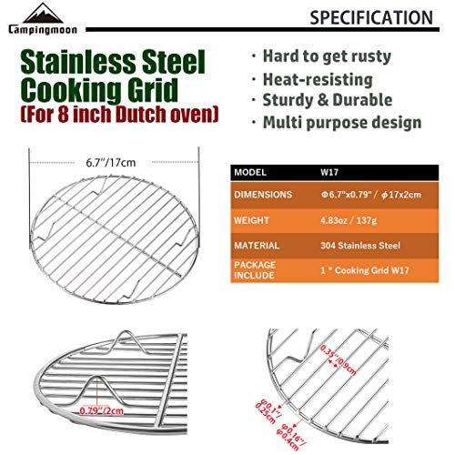 camping moon CAMPINGMOON Round Roasting Baking Steaming Cooling Rack Cooking Grid Grill Stainless Steel Fits for Dutch Oven (Diameter φ6.7inch, W17) - Image 3