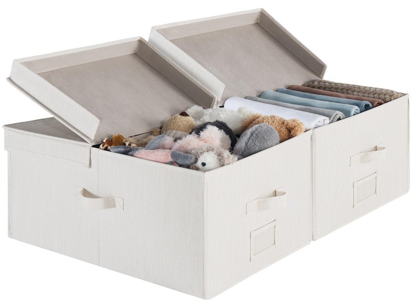 صناديق تخزين StorageWorks كبيرة الحجم مع أغطية 55 لتر صناديق تخزين زخرفية مع غطاء مزدوج الفتح ولوحة تقسيم صناديق قماش مع مقابض مزيج من البيج والأبيض والعاج 2 عبوة