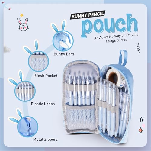 Dravina Large Capacity Pencil Pouch for Girls & Boys | Aesthetic Stationary Standing Pencil Case with 3 Zippers & 5 Compartments | Waterproof School Pouch for Kids, Multiutility Pouch (Light Blue) - Image 2