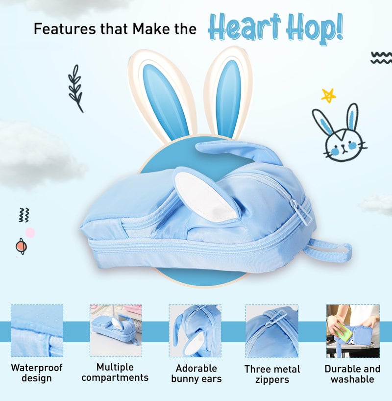 Dravina Large Capacity Pencil Pouch for Girls & Boys | Aesthetic Stationary Standing Pencil Case with 3 Zippers & 5 Compartments | Waterproof School Pouch for Kids, Multiutility Pouch (Light Blue) - Image 4