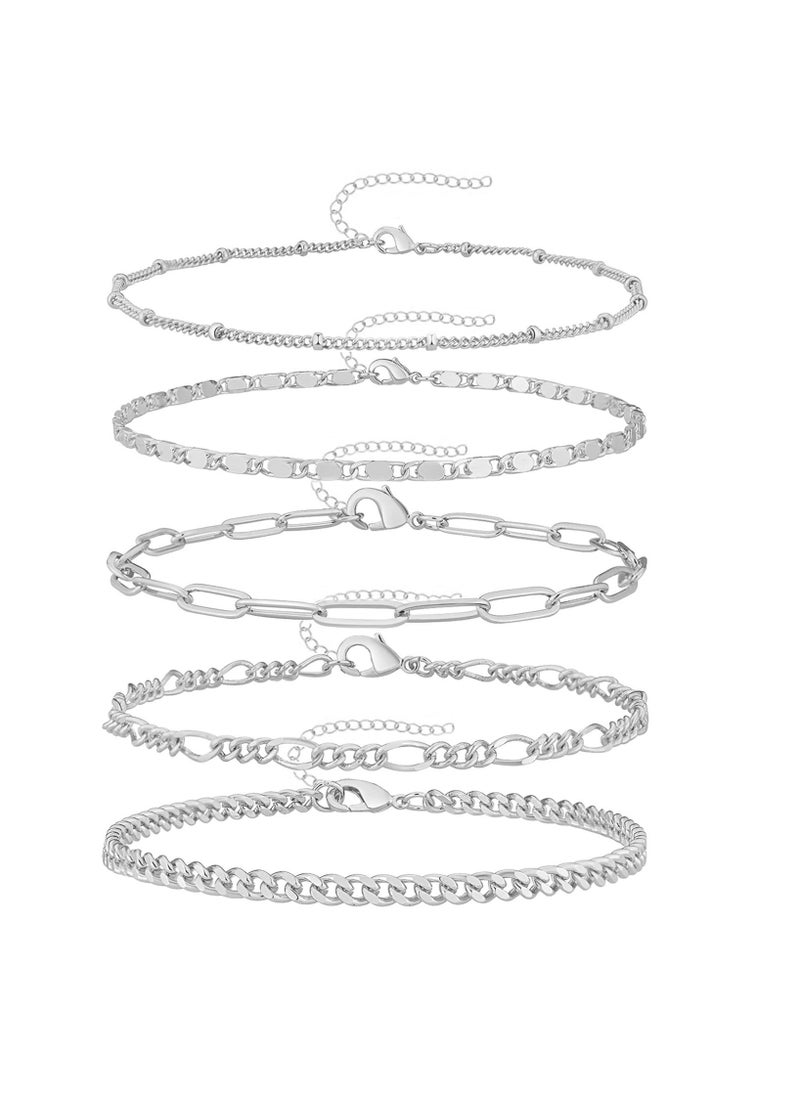 ILovhaprty 5pcs Silver Ankle Chain Fashionable Set, Exquisite, Dating, Gift giving, and Versatile Temperament for Girls  - Image 1