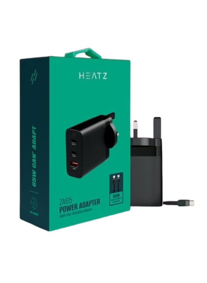 HEATZ Power Adapter, 65W Fast Charging, 2 USB-C Ports, 1 USB-A Port, 100W Type-C To Type-C Cable, Compatible For iphone, ipad, Macbook, Smartphones - Image 2