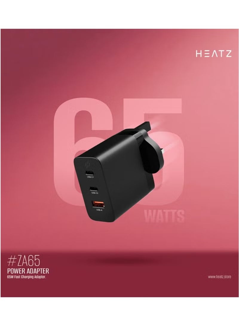 HEATZ Power Adapter, 65W Fast Charging, 2 USB-C Ports, 1 USB-A Port, 100W Type-C To Type-C Cable, Compatible For iphone, ipad, Macbook, Smartphones - Image 4