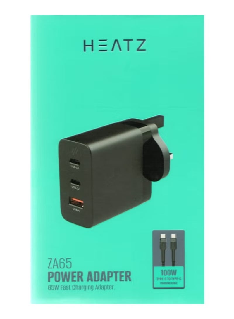 HEATZ Power Adapter, 65W Fast Charging, 2 USB-C Ports, 1 USB-A Port, 100W Type-C To Type-C Cable, Compatible For iphone, ipad, Macbook, Smartphones - Image 3