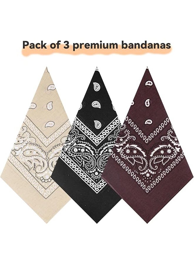 Ba Love 3 Pcs Paisley Print Bandanas Multi-Purpose Assorted Cowboy Bandanas Unisex Head Wrap Scarf Wristband for Adults and Kids 55cmx55cm, Black & Brown & Beige - Image 2