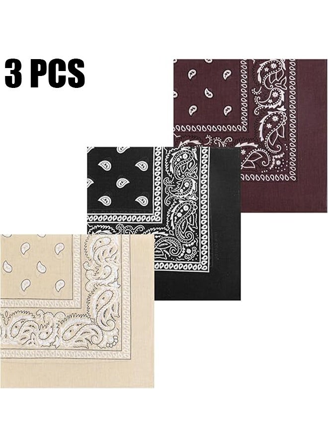 Ba Love 3 Pcs Paisley Print Bandanas Multi-Purpose Assorted Cowboy Bandanas Unisex Head Wrap Scarf Wristband for Adults and Kids 55cmx55cm, Black & Brown & Beige - Image 1