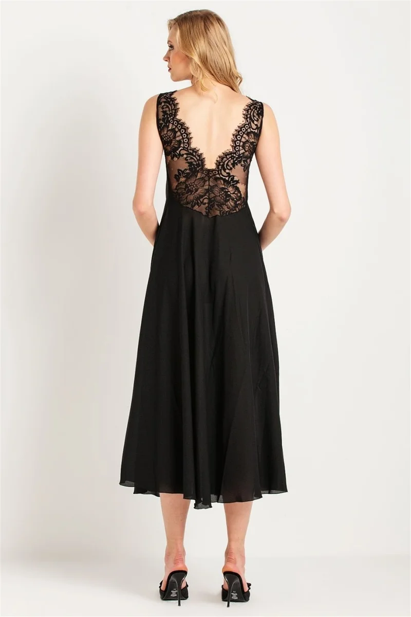 ماجيك فورم 71770 Women Black Tasseled Lace Crepe Long Nightgown