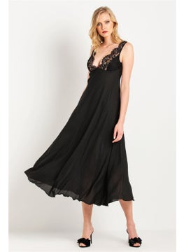 Magic Form 71770 Women Black Tasseled Lace Crepe Long Nightgown  - Image 2